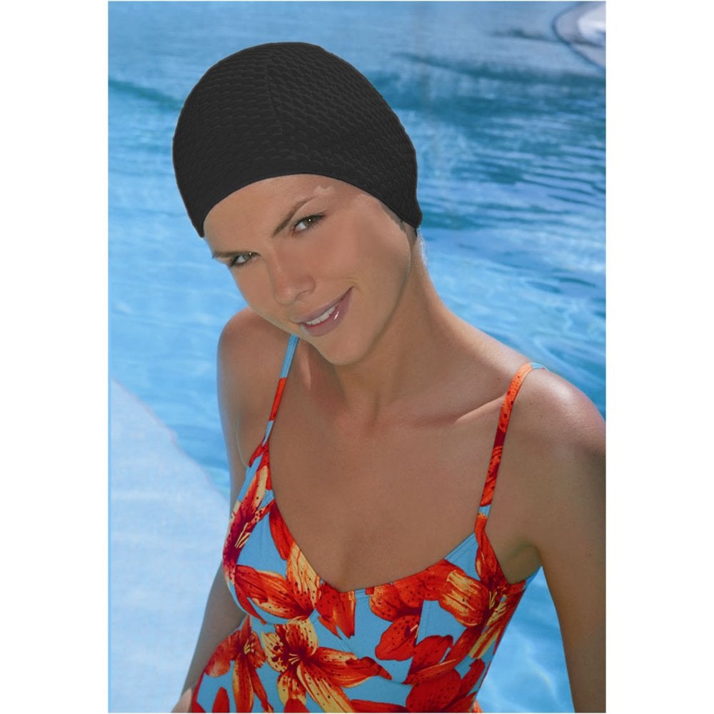 Black Bubble Crepe Non Pull Swim Cap