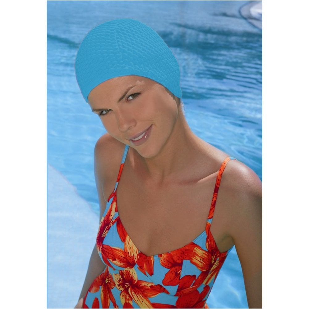 Turquoise Bubble Crepe Non Pull Swim Cap